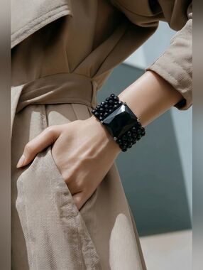 RALPH LAUREN BOLD Statement Bracelet Large Black Stone Beaded Stretch 6.5-7"